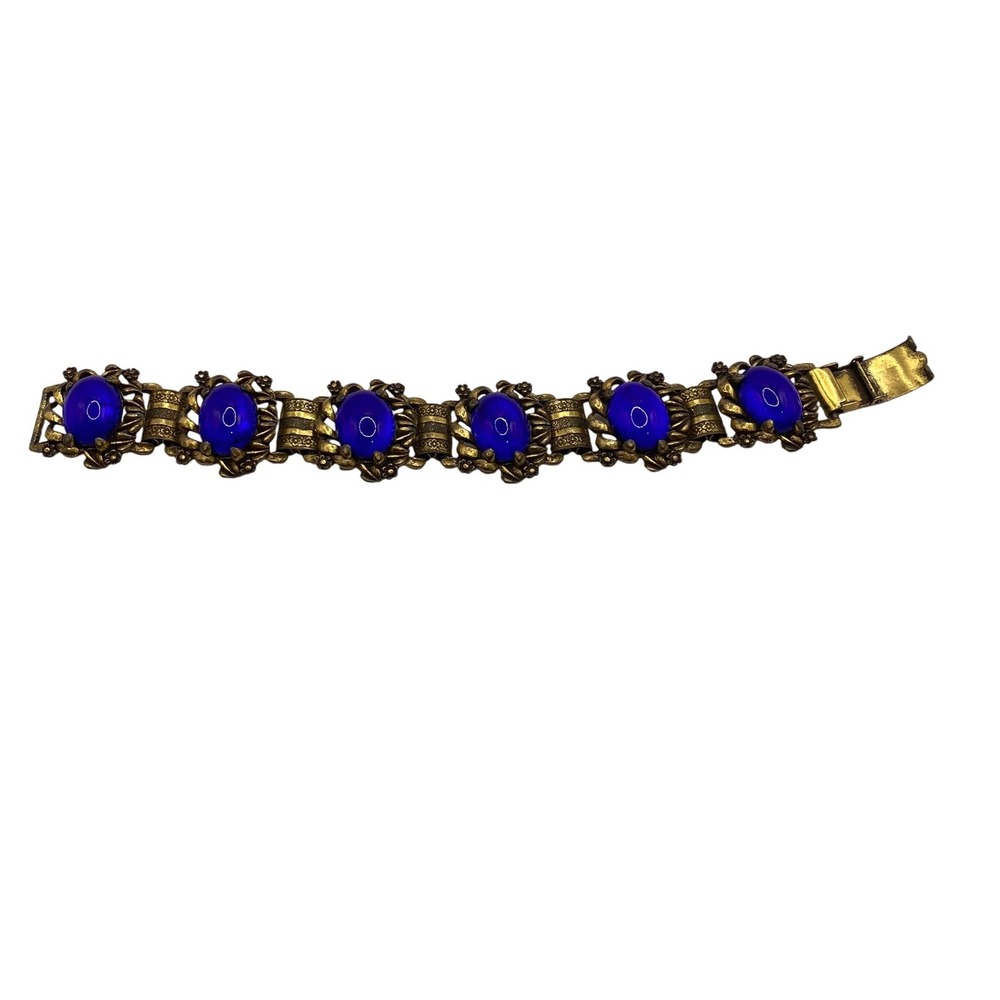 Vintage Blue Cabochon Gold Tone Flower Link Bracelet Art Deco Jewelry